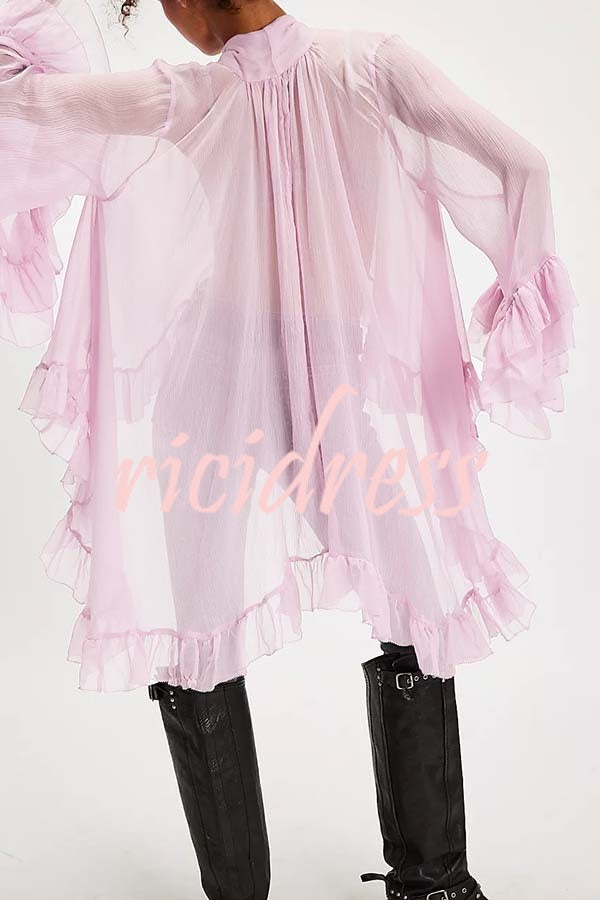 Flowy See-through Ruffle Tie-up Neck Bell Sleeve High-low Hem Cape Shirt