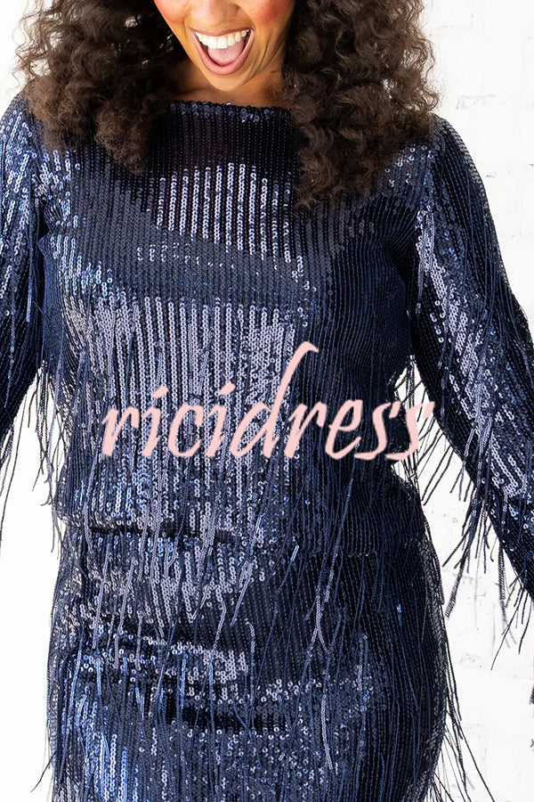 Insight Blueberry Sequin Fringe Long Sleeve Blouse