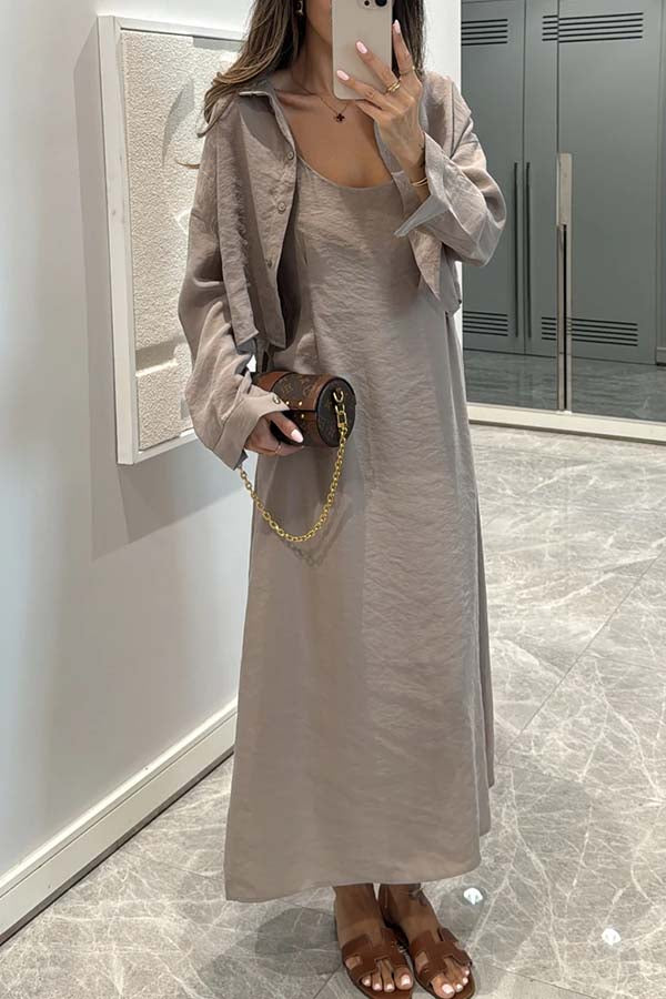 Modern Comfort Long Sleeve Shirt and Slip Loose Midi Dress Two Piece Set