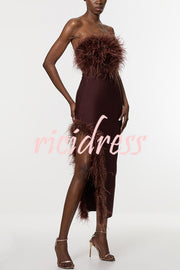 Retro and Glamorous Feather Trim Detail Bandeau Slit Stretch Midi Dress