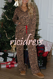 Paige Ribbed Leopard Print Loose Shirt and Elastic Waist Pocketed Pajama Set