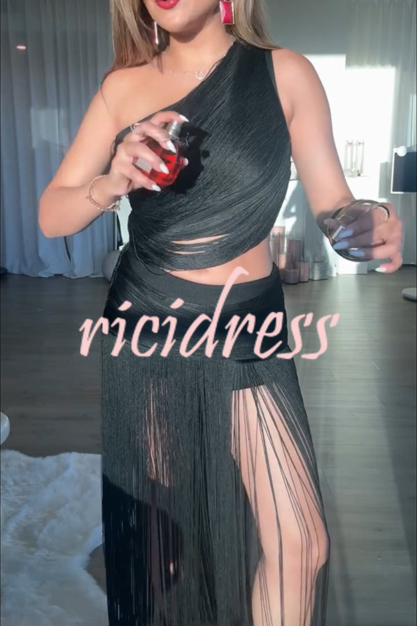 Dancing Miracle One Shoulder High Waist Hollow Design Tassel Hem Drape Mini Dress