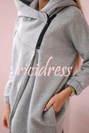 Solid Color Loose Hooded Zip-up Casual Sports Jacket