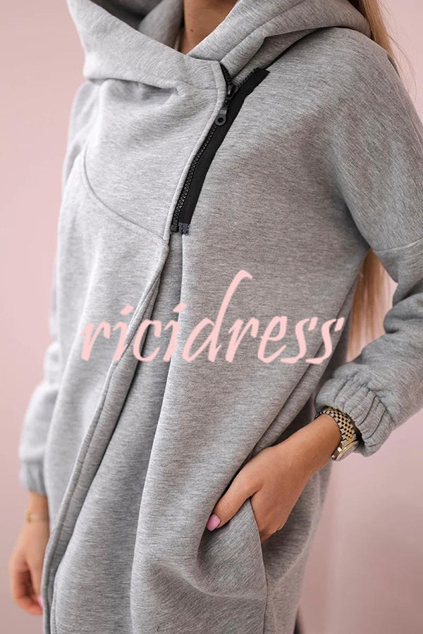 Solid Color Loose Hooded Zip-up Casual Sports Jacket
