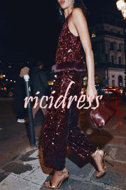 Gala Goddess Sequin High Rise Zipper Waist Wide Leg Pants