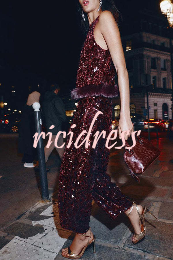 Gala Goddess Sequin High Rise Zipper Waist Wide Leg Pants