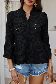 Solid Color Casual Resort Style Hollow V-neck Shirt
