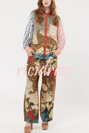 Tropical Jungle Tiger Unique Print Long Sleeve Loose Shirt and Elastic Waist Pants Set