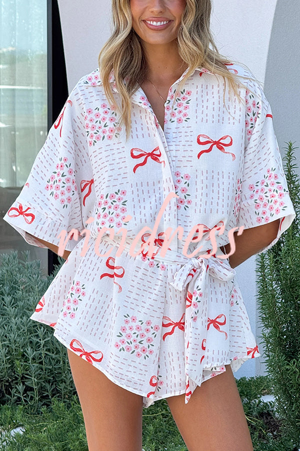 Sweet Bow Print Lapel Half Sleeve Tie Waist Loose Rompers