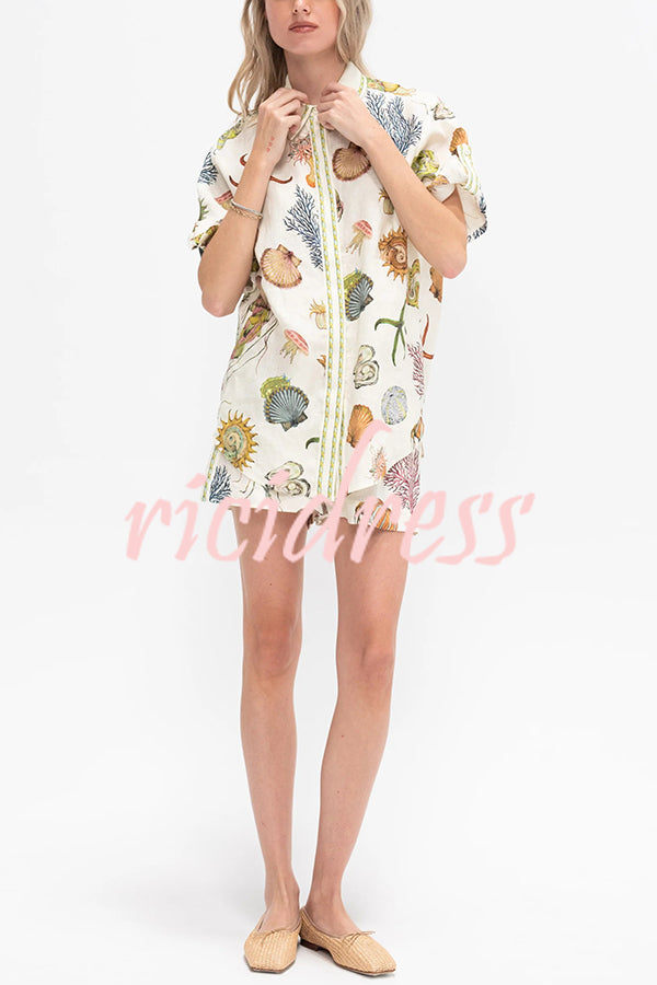 Beach Shell Print Short Sleeve Loose Shirt and Elastic Waist Tie Casual Pocket Shorts Set