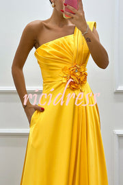 Nasha Satin Pleated One Shoulder Petal Gemstone Detail Pocket Slit Maxi Dress