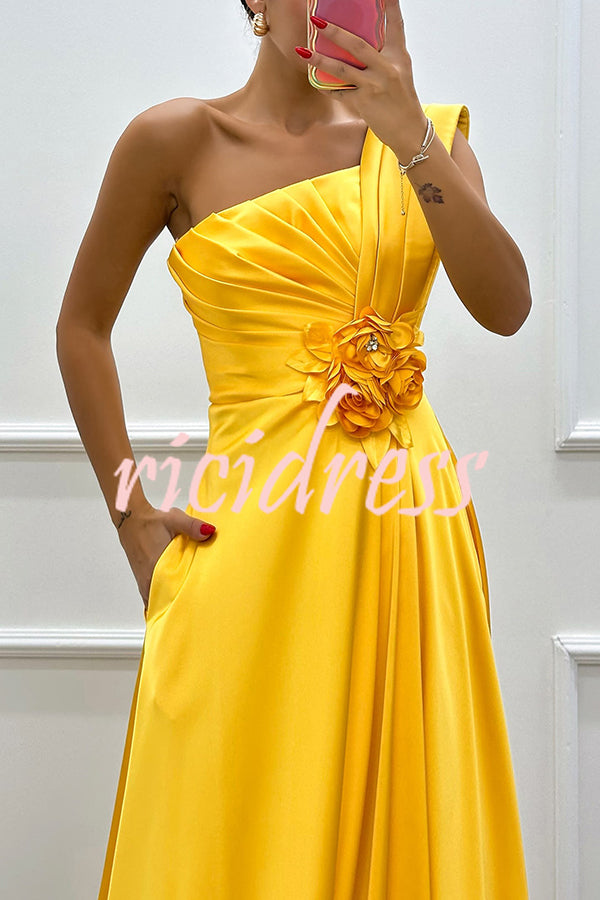 Nasha Satin Pleated One Shoulder Petal Gemstone Detail Pocket Slit Maxi Dress