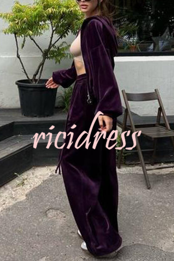 Velvet Zip Up Hooded Top and Drawstring Pants Two Piece Set