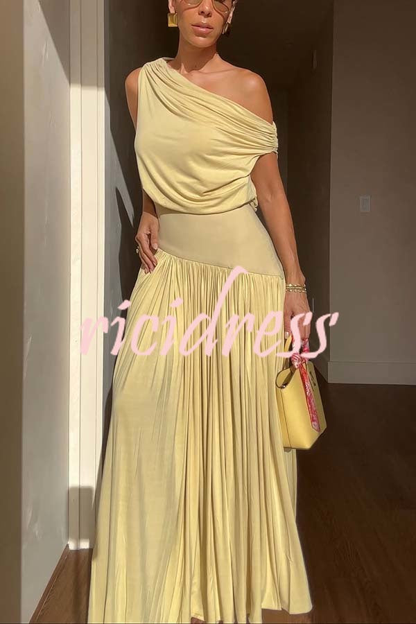 Gwen Soft Knit Fabric Off Shoulder Ruched Detail Drape Maxi Dress