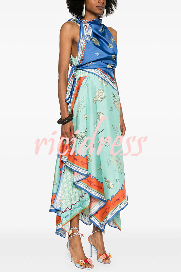 Surrealist Summer Satin Unique Print Tie-up Details Layered Hem Scarf Maxi Dress