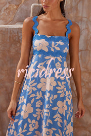 Vivi Floral Print Wavy Suspender Side Zip Maxi Dress