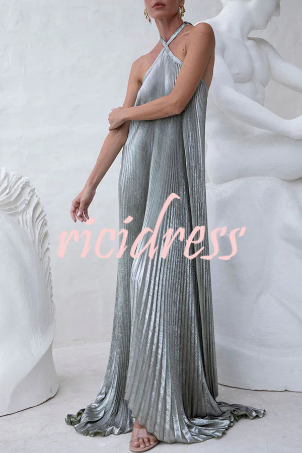 Elegant and Gorgeous Shimmer Fabric Halter A-line Maxi Dress