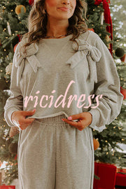 Dear Daydream Loose Bow Tie Long-Sleeved Sweatshirt and Elastic Waist Pocket Pants Set