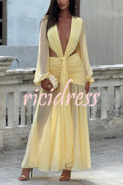 Deep Memories Chiffon Balloon Sleeve Cutout Ruched Drape Maxi Dress