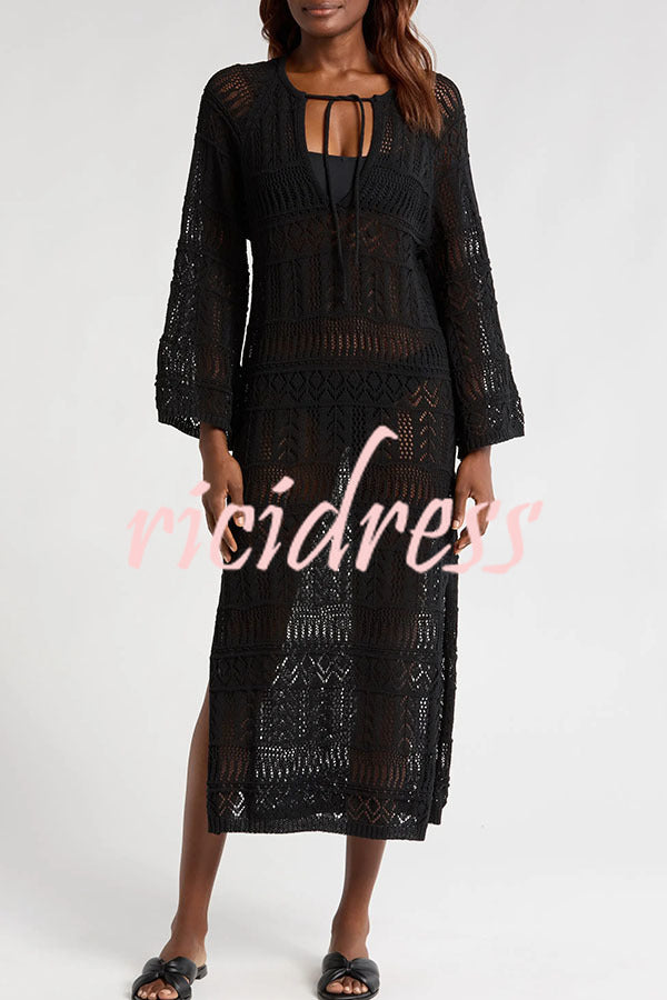 Hollie Knit Unique Pattern Tie-up Long Sleeve Cover-Up Midi Dress