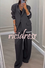 Fashion Sports Style Ribbed Colorblock Lapel Blazer and Elastic Waist Pocket Loose Pants Set