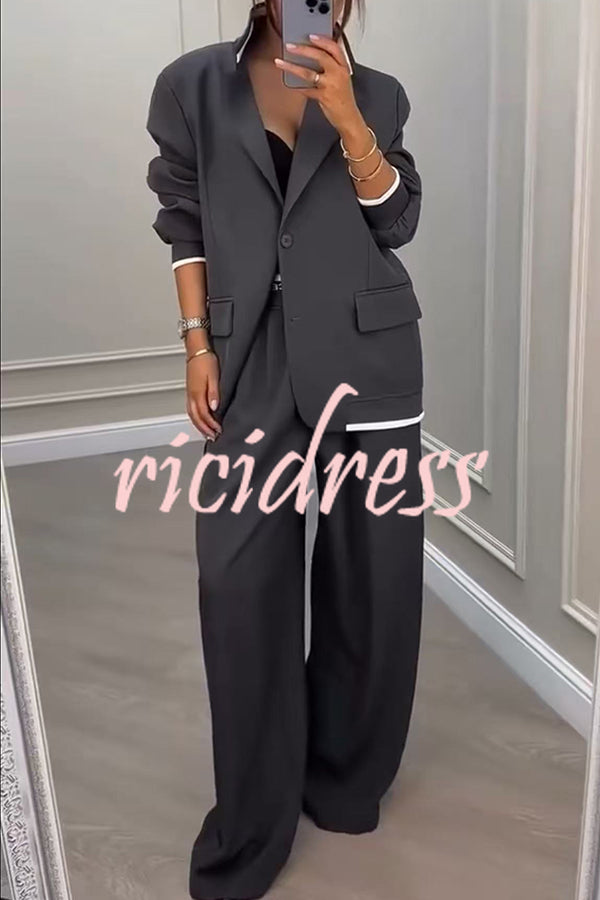 Fashion Sports Style Ribbed Colorblock Lapel Blazer and Elastic Waist Pocket Loose Pants Set