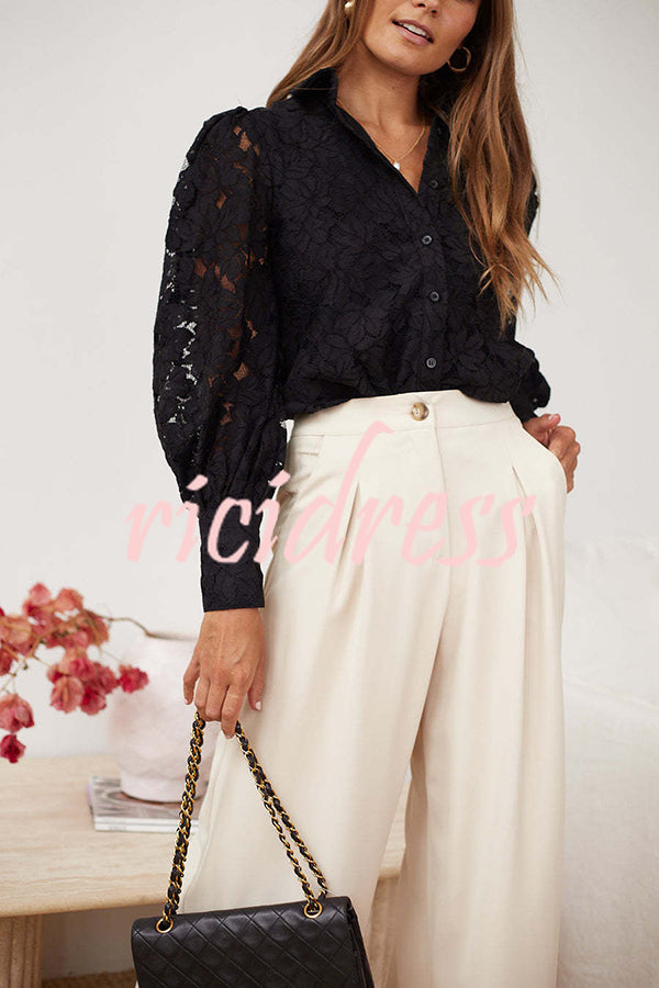 Sexy Hollow Lapel Casual Lace Shirt Top