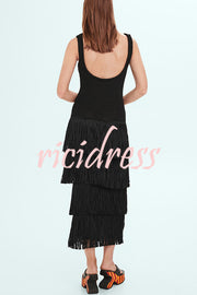 Solid Color Sleeveless Slim Fit Fringed Hem Knitted Midi Dress