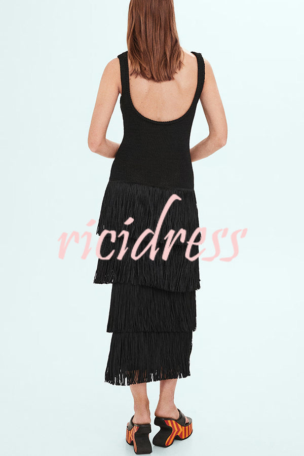 Solid Color Sleeveless Slim Fit Fringed Hem Knitted Midi Dress
