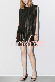 Modern Times Faux Leather Layered Tassel Design Sleeveless H-line Mini Dress
