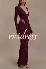 Sexy See-through Long-sleeved V-neck Pleated Slim-fit Maxi Dress