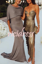 Fit and Elegance Fine Shimmering Fabric Open Cowl Back Draped Neckline Maxi Dress