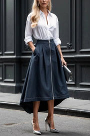 Effortless Charm Front Zipper Detail Pocketed High Low Pleated Midi Skirt