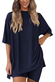 Solid Color Loose Short-sleeved Top and Stretch Casual Shorts Set