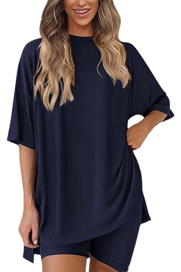 Solid Color Loose Short-sleeved Top and Stretch Casual Shorts Set