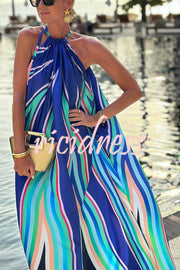 Phuket Dinner Colorful Wave Print Tassel Halter Maxi Dress