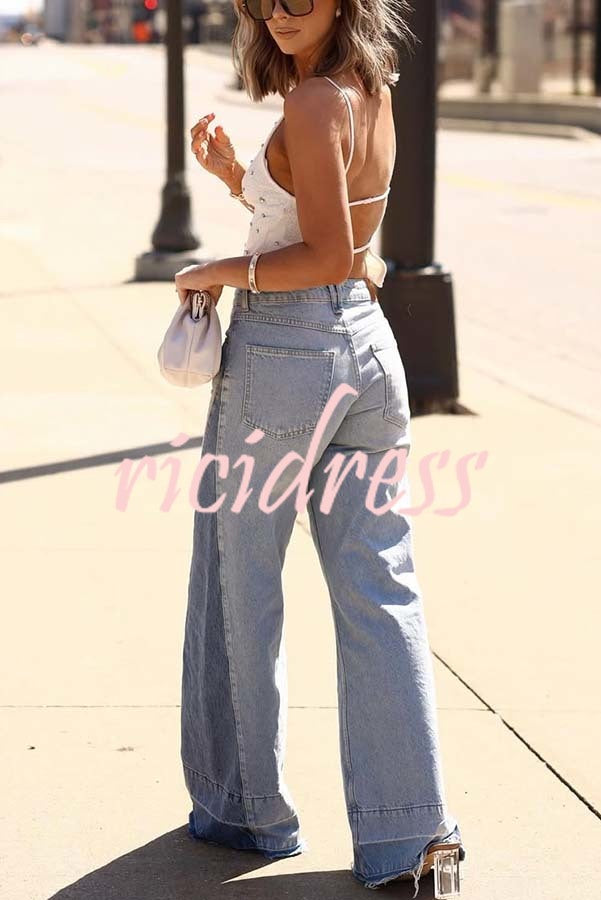 Ellison Denim Side Colorblock High Rise Pocket Wide Leg Jeans