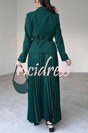 Solid Color Lapel Button Belt Blazer and Pleated Casual Maxi Skirt Set