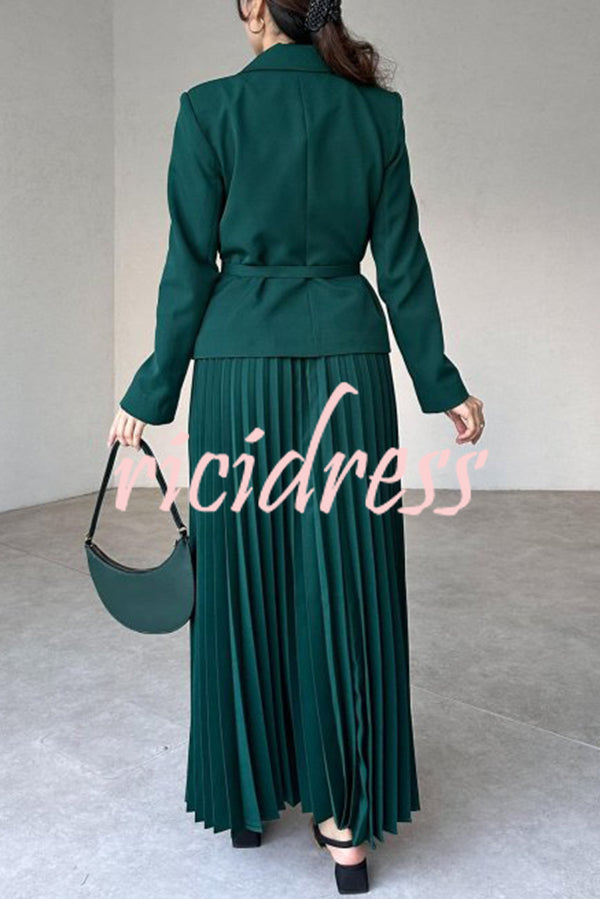 Solid Color Lapel Button Belt Blazer and Pleated Casual Maxi Skirt Set