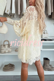 Night Rose Lace Bow Neck Long Balloon Sleeve A-line Mini Dress