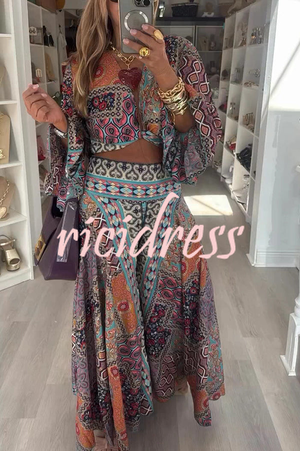 Unique Boho Ethnic Print Balloon Sleeve Crop Top and Elastic Waist Wide-leg Pants Set