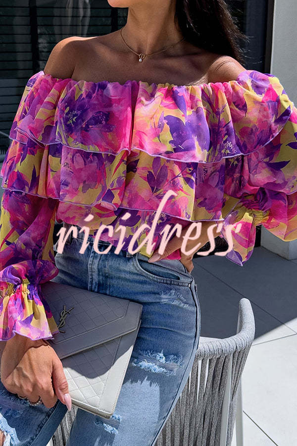 Colorful Botanical Print Sexy Off-shoulder Ruffle Top