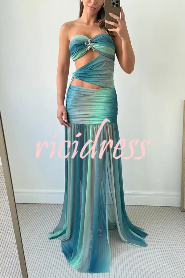 Soleil Mesh Printed Starfish Pendant Ruched Cutout Off Shoulder Maxi Dress