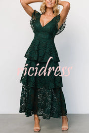 Solid V-neck Ruffled Sleeves Cinched Waist Maxi Dress