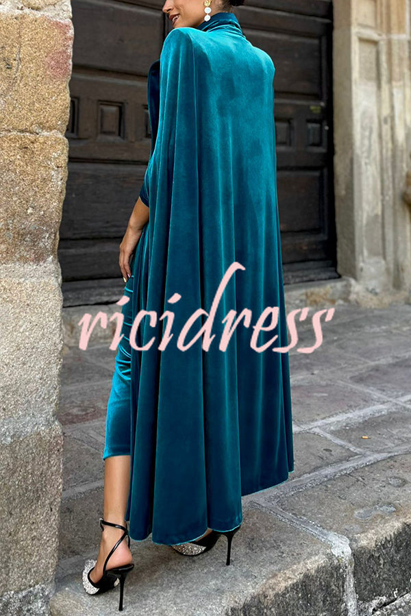 Olivienne Luxurious Velvet Padded Shoulders Slit Sleeve Lapel Midi Cape