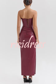 Charm Redefined Faux Leather Off Shoulder Back Lace-up Stretch Maxi Dress