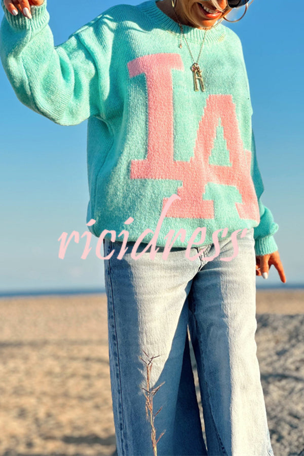Letter Pattern Crew Neck Long Sleeve Loose Knit Sweater