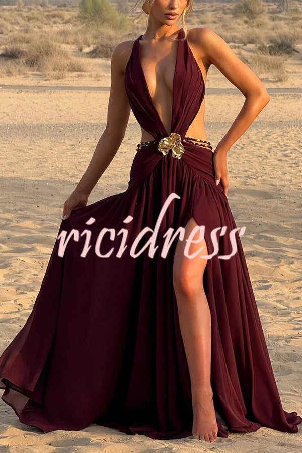 Kinara Leopard Print Deep V-neck Metal Flower Hollow Beads Detail Slit Maxi Dress