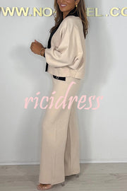 Fashion Contrast Color V-neck Loose Cardigan and Elastic Waist Casual Pants Set