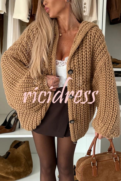 Warm Day Knit Button Up Long Balloon Sleeve Hooded Loose Cardigan